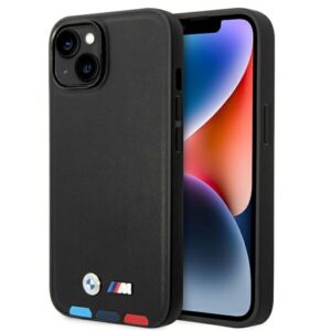 BMW BMHMP14M22PTDK Apple iPhone 14 Plus / 15 Plus 6,7" juodos spalvos Leather Stamp Tricolor Magsafe