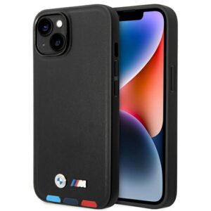 BMW BMHCP14M22PTDK Apple iPhone 14 Plus / 15 Plus 6,7" juodos spalvos Leather Stamp Tricolor
