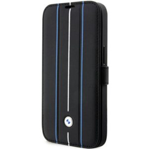 BMW BMBKP14L22RVSK dėklas Apple iPhone 14 Pro 6.1" juodos spalvos bookdėklas Leather Stamp Blue Lines