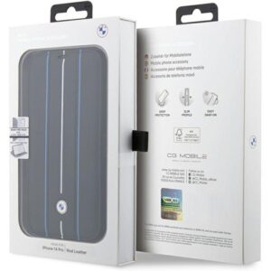 BMW BMBKP14L22RVSK dėklas Apple iPhone 14 Pro 6.1" juodos spalvos bookdėklas Leather Stamp Blue Lines - Image 7