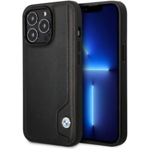 BMW BMHCP14X22RBDK dėklas Apple iPhone 14 Pro Max 6.7" juodos spalvos kietas dėklas Leather Blue Dots