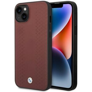 BMW BMHCP14S22RFGR dėklas Apple iPhone 14 15 13 6.1" burgundy Leather Diamond Pattern