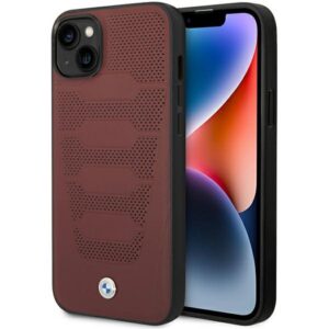 Dėklas BMW BMHCP14S22RPSR Apple iPhone 14 / 15 / 13 6.1" burgundy Leather Seats Pattern - Image 1