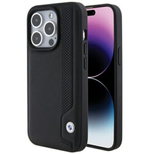 Dėklas BMW BMHCP15X22RBDK Apple iPhone 15 Pro Max 6.1" juodos spalvos kietas dėklas Leather Blue Dots - Image 1