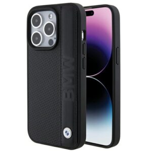 Dėklas BMW BMHCP15L22RDPK Apple iPhone 15 Pro 6.1" juodos spalvos kietas dėklas Leather Textured & Stripe