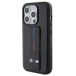 Dėklas BMW BMHCP15LGSPCCK Apple iPhone 15 Pro 6.1" juodos spalvos kietas dėklas Grip Stand Smooth & Carbon - Image 3