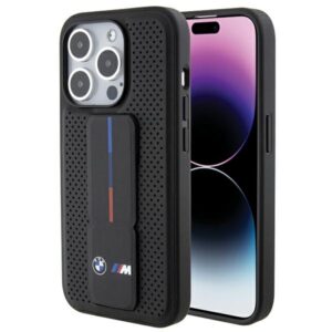 Dėklas BMW BMHCP15LGSPPRK Apple iPhone 15 Pro 6.1" juodos spalvos kietas dėklas Grip Stand Smooth & Perforated - Image 1