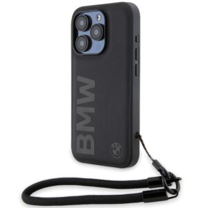 Dėklas BMW BMHCP15X23RMRLK Apple iPhone 15 Pro Max 6.7" juodos spalvos kietas dėklas Signature Leather Wordmark Cord