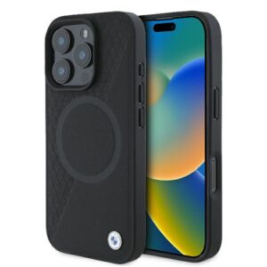 BMW BMHMP16L23RTPK Apple iPhone 16 Pro 6.3" juodos spalvos kietas dėklas Sign Leather Half Textured And Circle Mag
