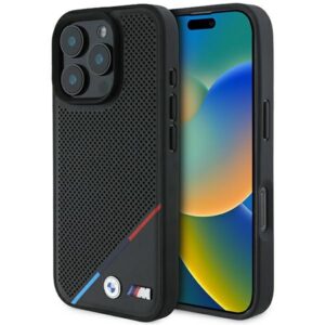 BMW BMHMP16L23 PUPDK Apple iPhone 16 Pro 6.3" juodos spalvos kietas dėklas M Perforated Tricolor Line MagSafe