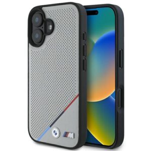 BMW BMHMP16S23 PUPDG Apple iPhone 16 6.1" grey kietas dėklas M Perforated Tricolor Line MagSafe