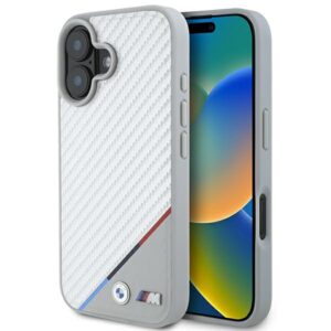 BMW BMHMP16S23 PUDTS Apple iPhone 16 6.1" grey kietas dėklas M Carbon Tricolor Line MagSafe