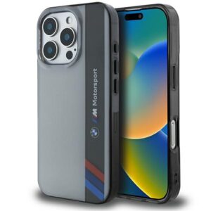 BMW BMHCP16L23HTFEG Apple iPhone 16 Pro 6.3" grey kietas dėklas Motorsport IML Vertical Stripe