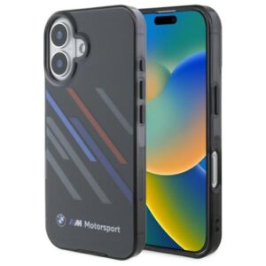 BMW BMHCP16M23HTRAK Apple iPhone 16 Plus 6.7" juodos spalvos kietas dėklas Motorsport IML Random Stripes
