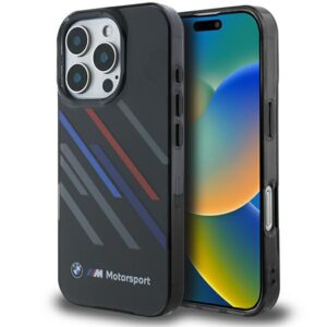 BMW BMHCP16X23HTRAK Apple iPhone 16 Pro Max 6.9" juodos spalvos kietas dėklas Motorsport IML Random Stripes