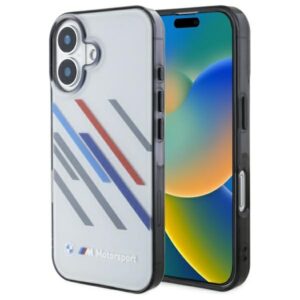 BMW BMHCP16S23HTRAG Apple iPhone 16 6.1" grey kietas dėklas Motorsport IML Random Stripes