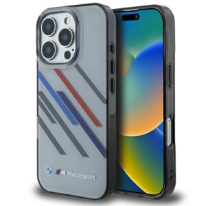 BMW BMHCP16L23HTRAG Apple iPhone 16 Pro 6.3" grey kietas dėklas Motorsport IML Random Stripes