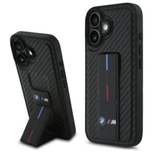 BMW BMHCP16SGSPCCK Apple iPhone 16 6.1" juodos spalvos kietas dėklas M Grip Stand Smooth and Carbon