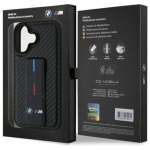 BMW BMHCP16SGSPCCK Apple iPhone 16 6.1" juodos spalvos kietas dėklas M Grip Stand Smooth and Carbon - Image 8