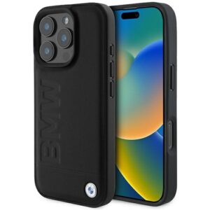 BMW BMHMP16LSLLBK Apple iPhone 16 Pro 6.3" juodos spalvos kietas dėklas Leather Hot Stamp MagSafe