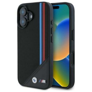 BMW BMHMP16S23 PUTRK Apple iPhone 16 6.1" juodos spalvos kietas dėklas M Meshed Tricolor Stripes MagSafe - Image 1