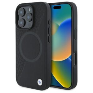 BMW BMHMP16X23RTPK Apple iPhone 16 Pro Max 6.9" juodos spalvos kietas dėklas Sign Leather Half Textured And Circle MagSa