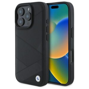 BMW BMHCP16X23RCGPK Apple iPhone 16 Pro Max 6.9" juodos spalvos kietas dėklas Sign Leather Crossing Lines Patt