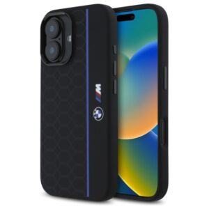 BMW BMHMP16S23SHEB Apple iPhone 16 6.1" juodos spalvos kietas dėklas Silicone Hexagon Blue Line MagSafe