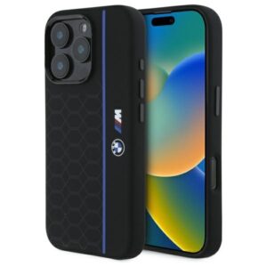 BMW BMHMP16X23SHEB Apple iPhone 16 Pro Max 6.9" juodos spalvos kietas dėklas Silicone Hexagon Blue Line MagSa