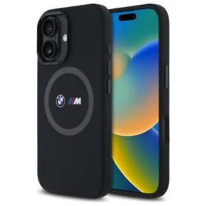 BMW BMHMP16S23SROK Apple iPhone 16 6.1" juodos spalvos kietas dėklas M Silicone Printed Ring MagSafe