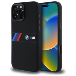BMW BMHMP16X23SAXK Apple iPhone 16 Pro Max 6.9" juodos spalvos kietas dėklas Silicone Middle Stripe MagSafe
