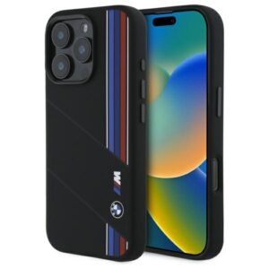 BMW BMHMP16X23SCUK Apple iPhone 16 Pro Max 6.9" juodos spalvos kietas dėklas Silicone Cut Tricolor Lines MagSafe
