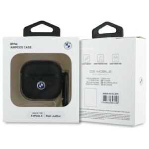 BMW BMA4SSLBK AirPods 4 dėklas juodos spalvos Geniune Leather sidabro spalvos Logo - Image 3