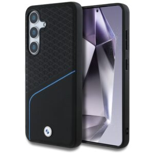 Dėklas BMW Leather Textured and Smooth MagSafe Samsung Galaxy S25 juodos spalvos
