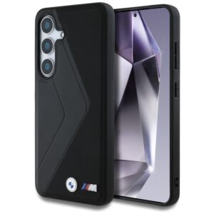 Dėklas BMW Leather Oversized Stripes MagSafe Samsung Galaxy S25 juodos spalvos