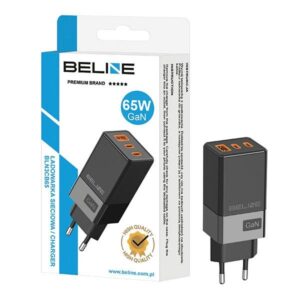 Beline laidinis įkroviklis 2x USB-C + 1x USB 65Wjuodos spalvos/juodos spalvos (head only) PD 3.0 + QC 3.0 BLN3CB65 GaN - Image 2