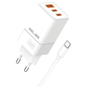 Beline Charger 2x USB-C + 1x USB 65W + USB-C cable baltos spalvos PD 3.0 + QC 3.0 BLN3CW65C GaN - Image 1