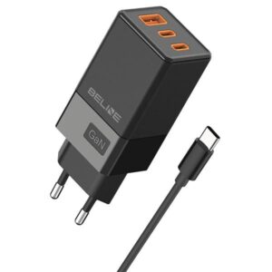 Beline Charger 2x USB-C + 1x USB 65W + USB-C cable juodos spalvos/juodos spalvos PD 3.0 + QC 3.0 BLN3CB65C GaN - Image 1
