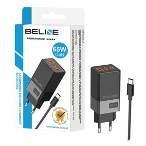 Beline Charger 2x USB-C + 1x USB 65W + USB-C cable juodos spalvos/juodos spalvos PD 3.0 + QC 3.0 BLN3CB65C GaN - Image 2