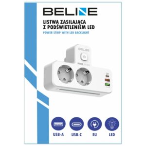 Beline power strip with LED backlight 2xUSB-A/USB-C/2xAC baltos spalvos - Image 7