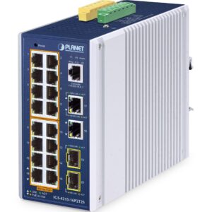 PLANET IP30 Industrial L2/L4 16-Port Valdomas L2/L4 Gigabit Ethernet (10/100/1000) Maitinimas per Eternetą (PoE) Aliuminis, Mėlyna