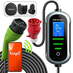 Qoltec 52720 Elektromobilio įkroviklis su 2in1 2 tipo reguliavimu | 11kW | 400V | CEE 16A | Wifi | TUYA | SMART LIFE | LCD | Nešiojamas | Sieninis įkroviklis | 5m