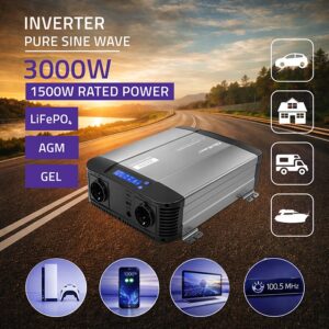 Qoltec 52690 Gryno sinusoidės keitiklis | 12 V į 230 V | 1500/3000 W | LCD | USB | USC-C | Suderinamas su LiFePO4 GEL AGM - Image 2