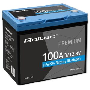 Qoltec 53714 LiFePO4 ličio geležies fosfato akumuliatorius | 12,8 V | 100 Ah | 1280 Wh | „Bluetooth“ | BMS