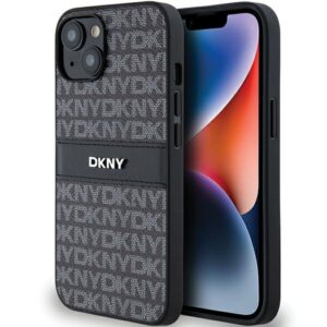 DKNY DKHCP14SPRTHSLK Apple iPhone 14 15 13 6.1" juodos spalvos kietas dėklas Leather Mono Stripe & Metal Logo - Image 1