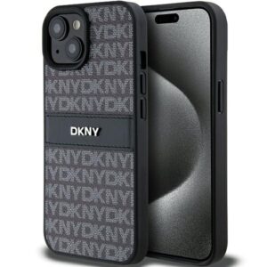 DKNY DKHCP15MPRTHSLK Apple iPhone 15 Plus   14 Plus 6.7" juodos spalvos kietas dėklas Leather Mono Stripe & Metal Logo