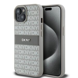 DKNY DKHCP15MPRTHSLE Apple iPhone 15 Plus   14 Plus 6.7 inch beige kietas dėklas Leather Mono Stripe & Metal Lo