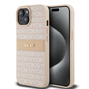 DKNY DKHCP15SPRTHSLP Apple iPhone 15   14   13 6.1 inch rožinės spalvos kietas dėklas Leather Mono Stripe & Metal Logo