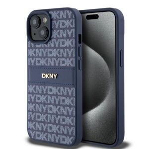 DKNY DKHCP15SPRTHSLB Apple iPhone 15 14 13 6.1 inch blue kietas dėklas Leather Mono Stripe & Metal Logo - Image 1