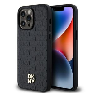 DKNY DKHMP13XPSHRPSK Apple iPhone 13 Pro Max 6.7 inch juodos spalvos kietas dėklas Leather Pattern Metal Logo MagSafe